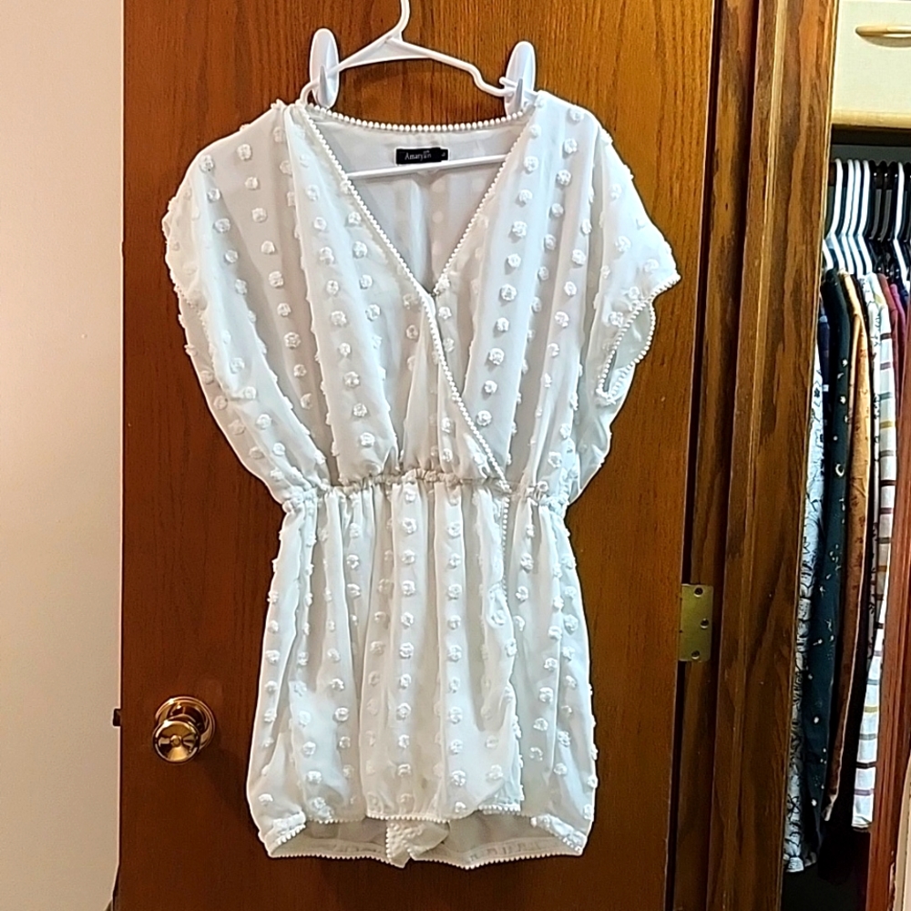 Amaryllis White pom pom romper, size large